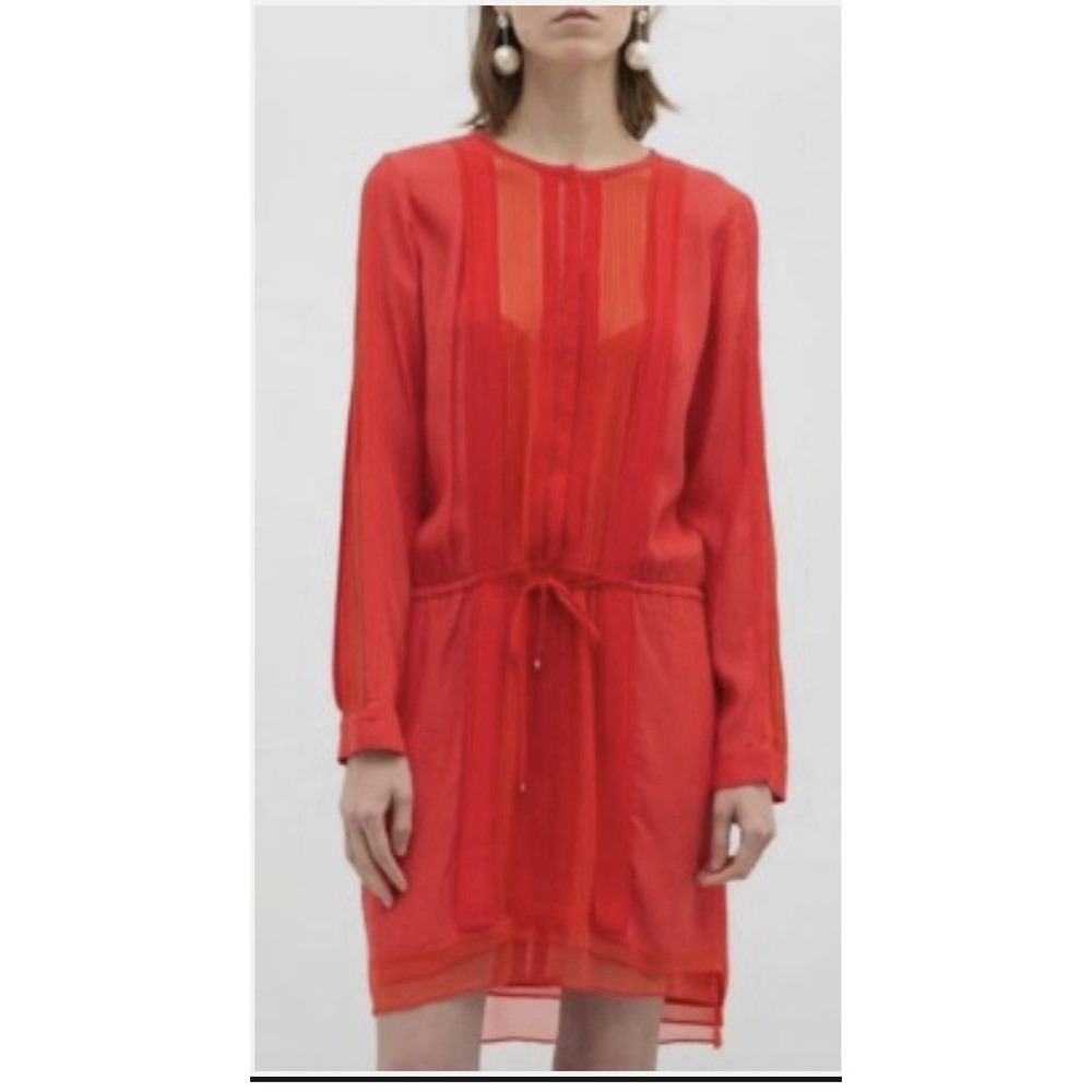 Diane von Furstenberg Red Pleated Silk Blend Long Sleeve Mini Dress Size 6